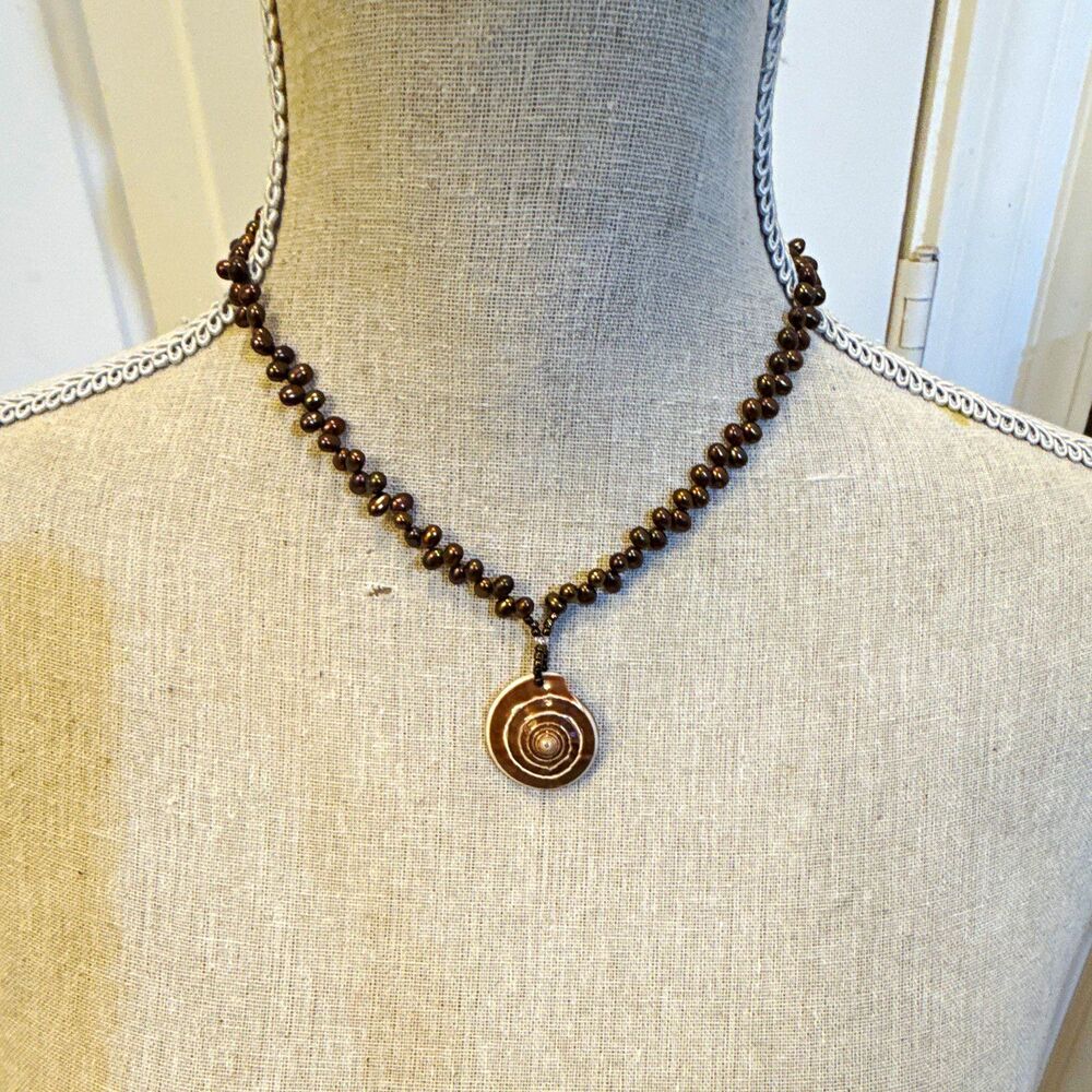 Brown White Beaded Pendant Necklace Round Spiral shell Charm 16 in Hook Closure